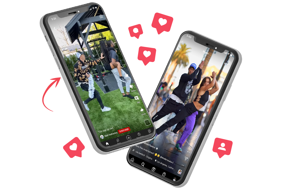 Two phones showing viral short-form videos with likes pouring in